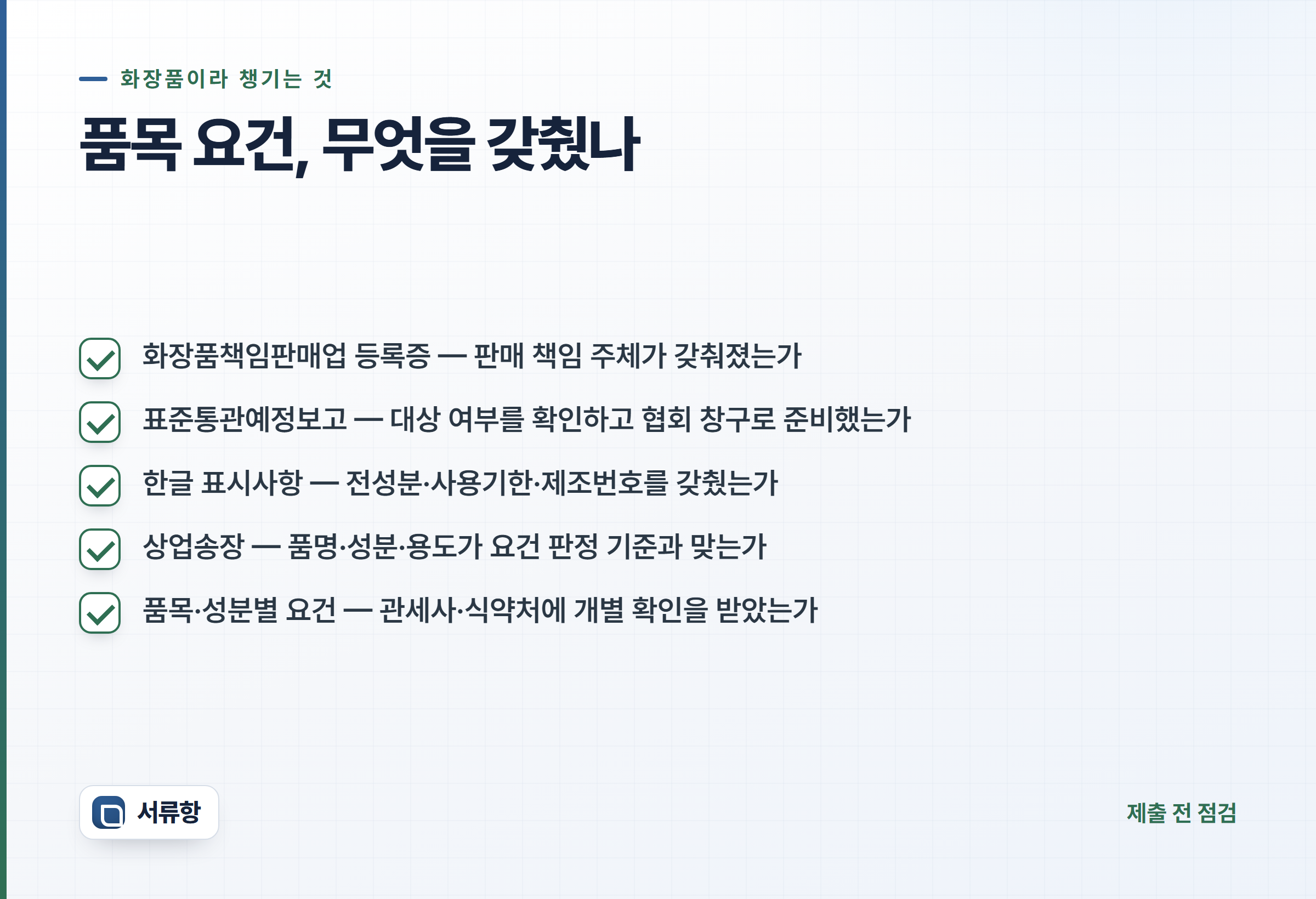 화장품 품목 요건 점검 체크리스트 카드 — 책임판매업 등록증, 표준통관예정보고, 한글 표시사항, 상업송장 성분, 품목별 요건 확인